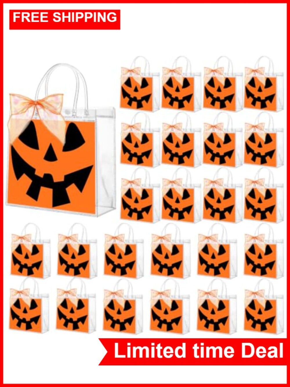 Halloween Clear PVC Gift Bags with Handles Orange Ribbon Pumpkin Party Favors -